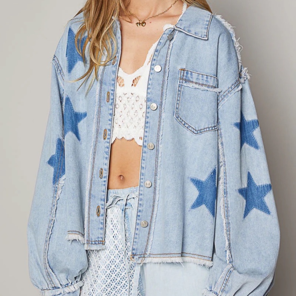 POL Star Patch Raw Hem Button Up Denim Lightweight Shacket relaxed oversized fit - Picture 1 of 9